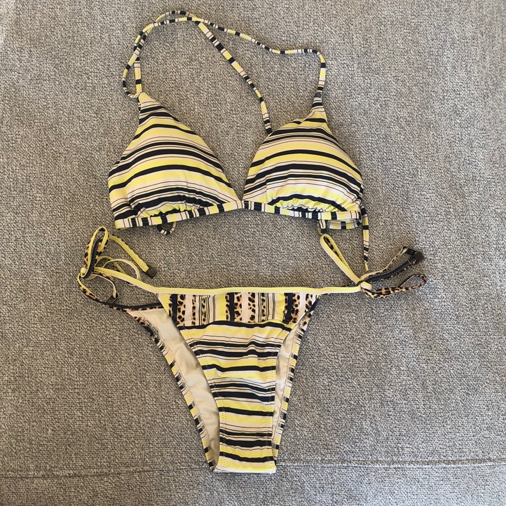 Track & Field stripe and leopard bikini, size 3